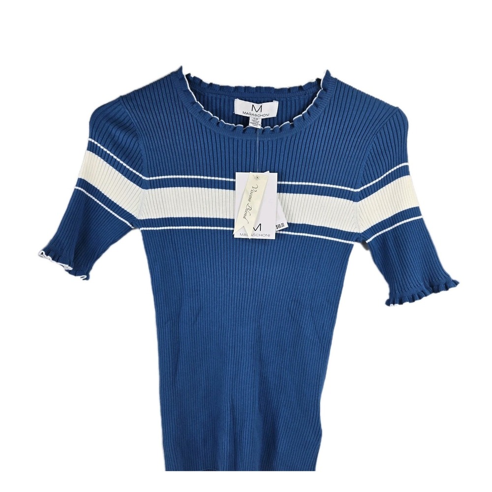 Magaschoni Ribbed Knit Sweater w Ruffle Short Sleeves Blue & White Striped Sz S